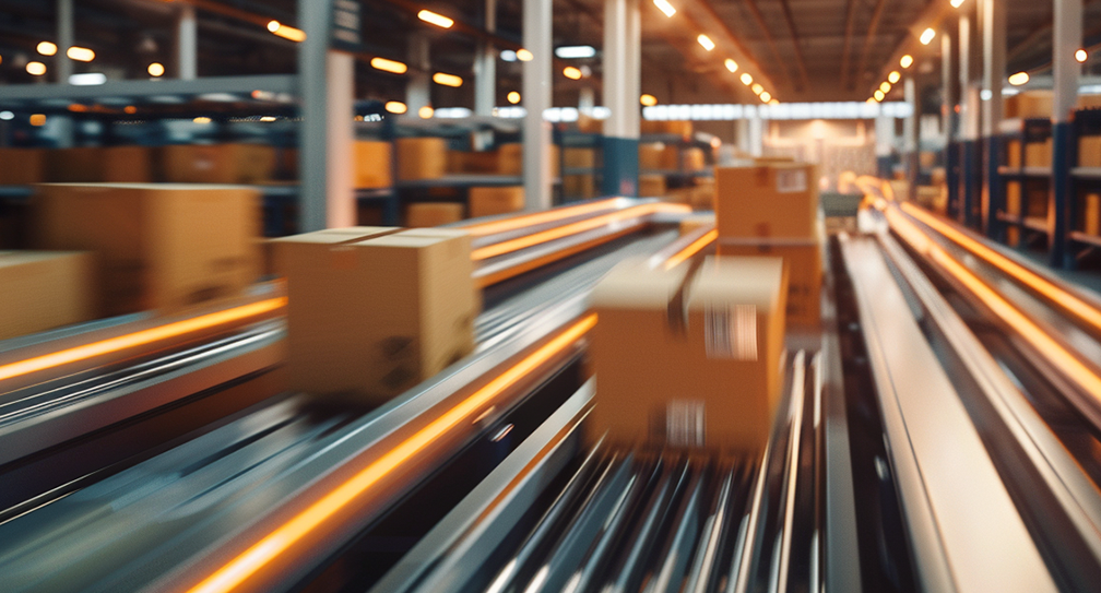 Boxes moving down a packaging line